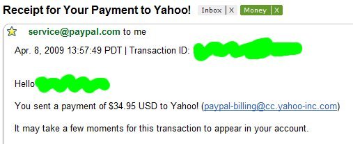 Paypal: Hello! You sent a payment of $34.95 USD to Yahoo! (paypal-billing@cc.yahoo-inc.com)