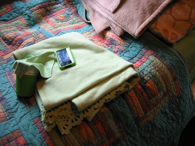Lime-green throw blanket, bedsheets, phone case, coffee cup, glasses rag.